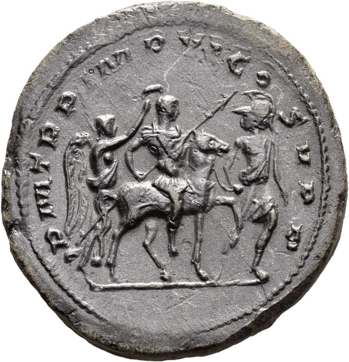 RIC V Gallienus 3 Gallienus reverse, Gallienus, riding, holding spear, crowned by Victory; before him, soldier leading horse