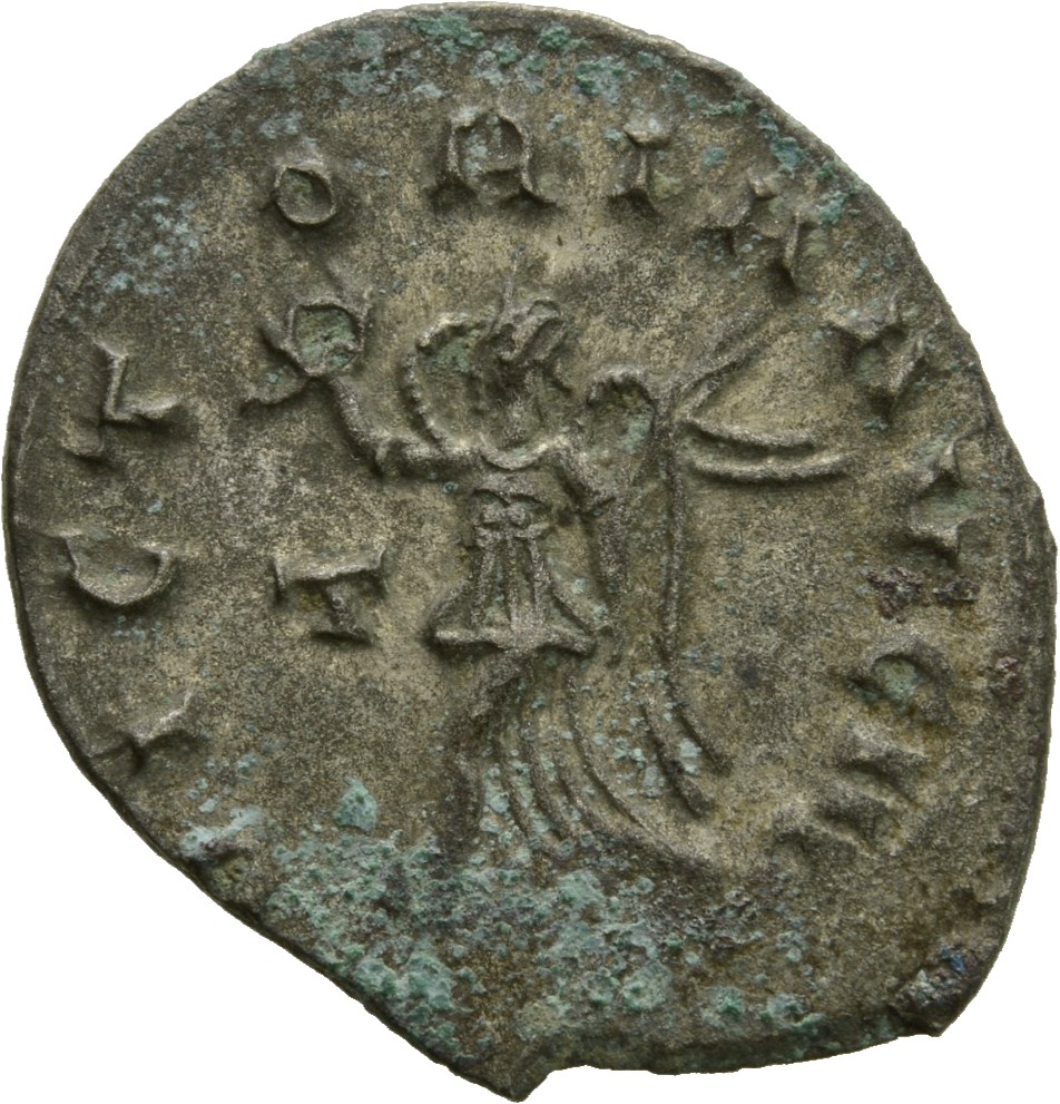 Gallienus reverse — Victory, winged, draped, walking left, holding wreath in right hand and palm in left hand