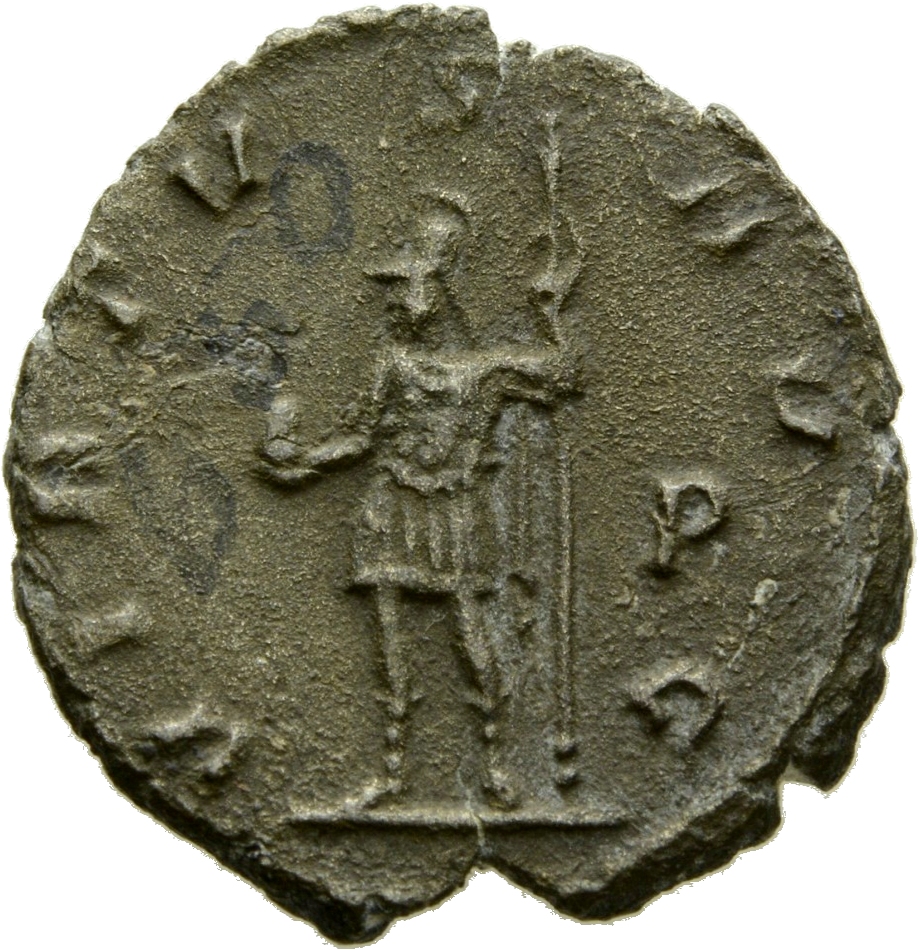 Gallienus reverse — Mars, helmeted, in military attire, standing left, holding globe in right hand and spear in left hand; his foot on helmet