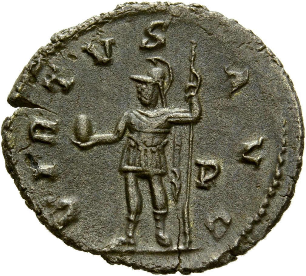 RIC V Gallienus 317f: Subtype 2 Gallienus reverse, Mars, helmeted, in military attire, standing left, holding globe in rig...