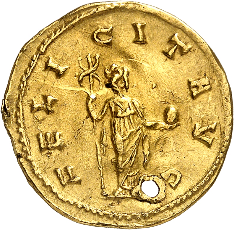 RIC V Gallienus 31e Gallienus reverse, Felicitas, draped, standing left, holding globe in right hand and caduceus in left ...