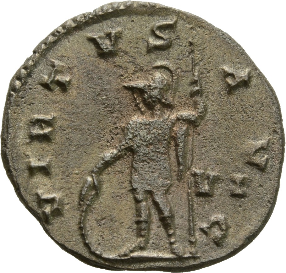 RIC V Gallienus 325f: Subtype 1 Gallienus reverse, Soldier, standing left, resting right hand on shield and holding spear ...