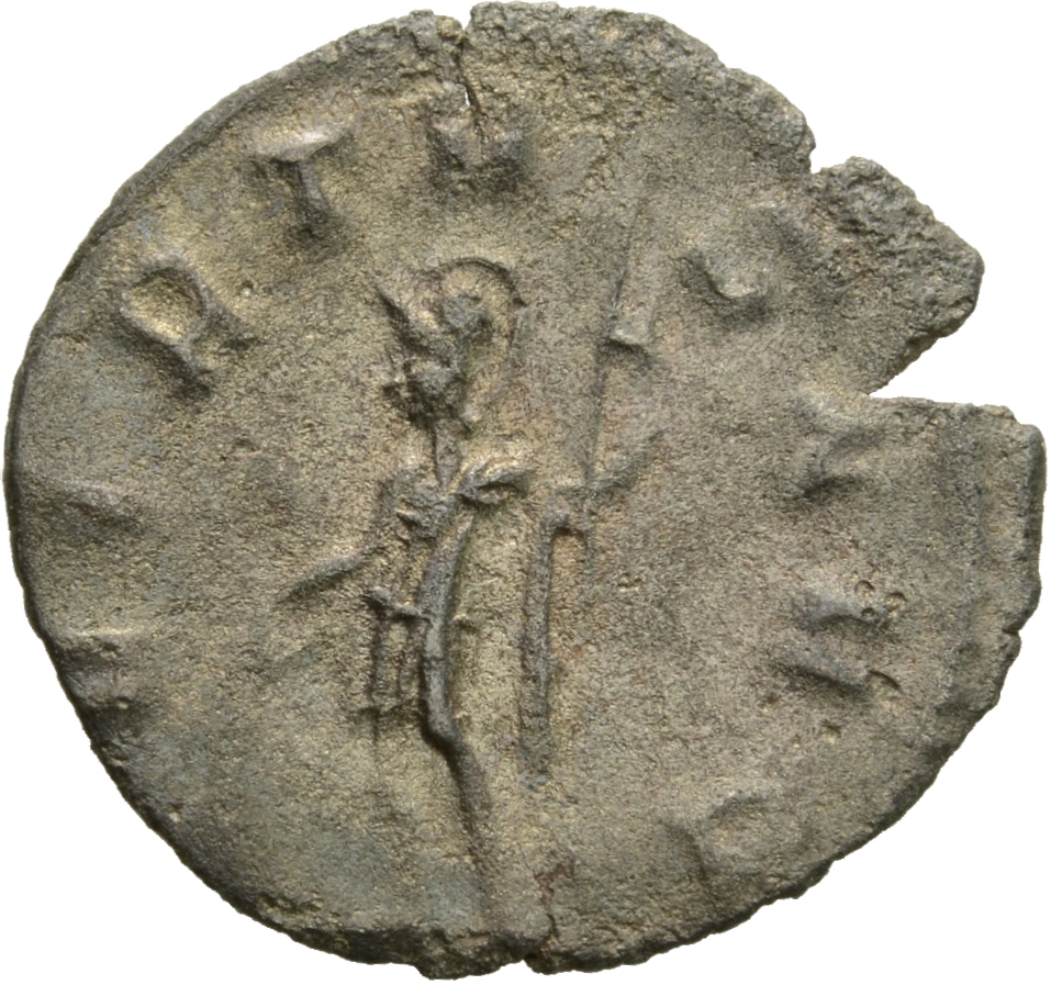 Gallienus reverse — Soldier, standing left, resting right hand on shield and holding spear in left hand