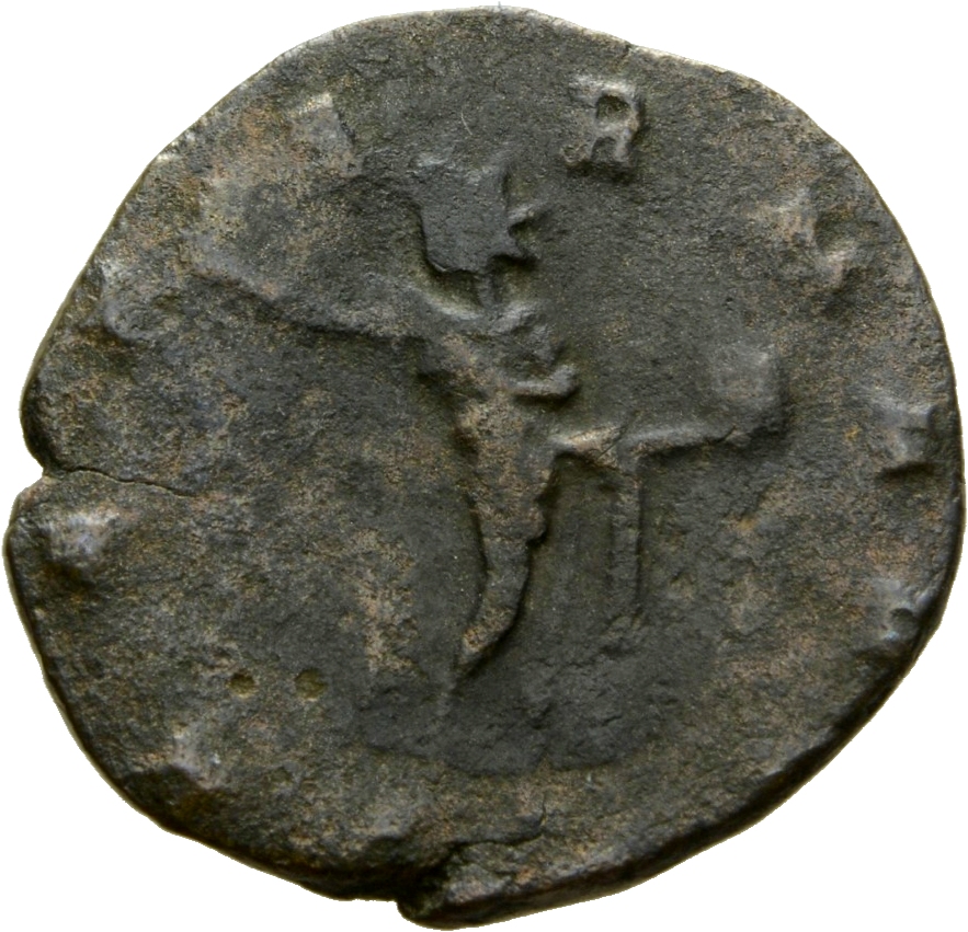 Gallienus reverse — Sol, radiate, nude except for cloak over shoulders, standing left, raising right hand and holding globe in left hand