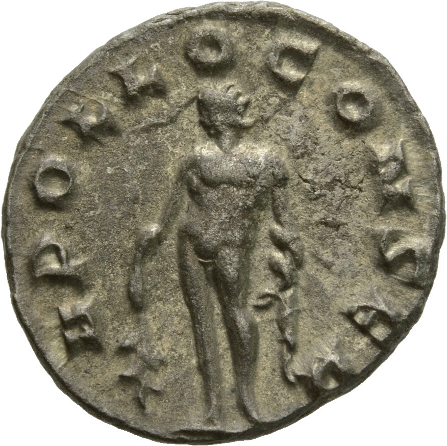 RIC V Gallienus 468 Gallienus reverse, Apollo, nude except for cloak draped over left arm, standing left, holding laurel-b...