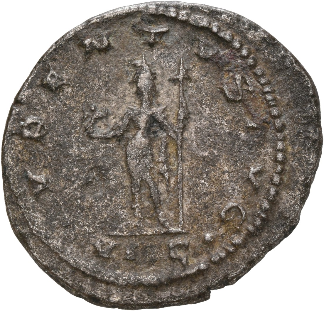 Gallienus reverse — Genius, nude, standing left by altar, holding patera in right hand and corn-ears in left hand