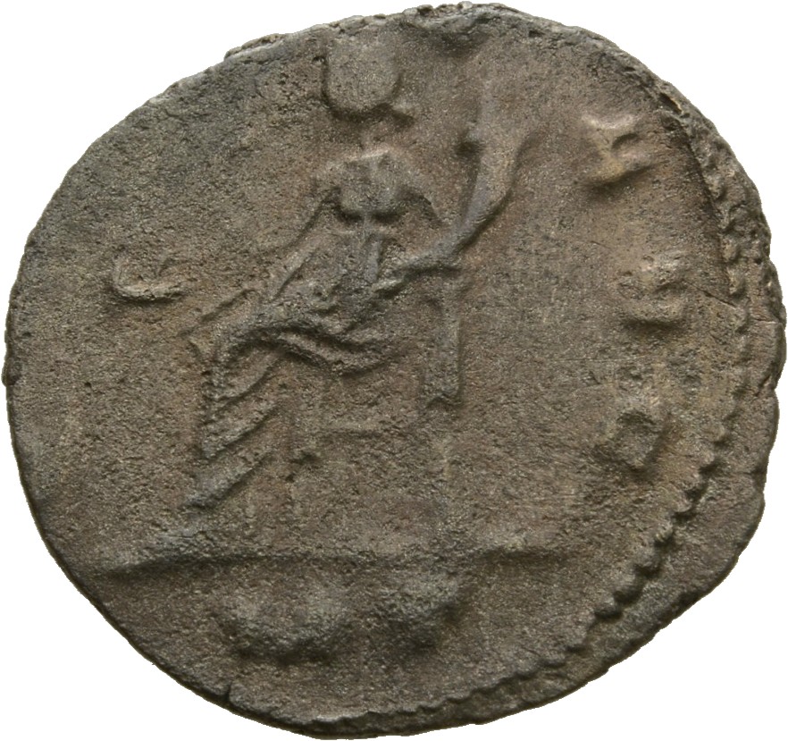 Gallienus reverse — Concordia, draped, seated left, holding patera in right hand and cornucopiae in left hand