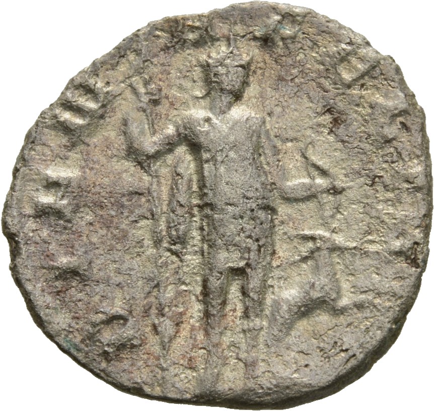RIC V Gallienus 473k Gallienus reverse, Diana, draped, standing right, holding spear in right hand and bow in left hand; a...