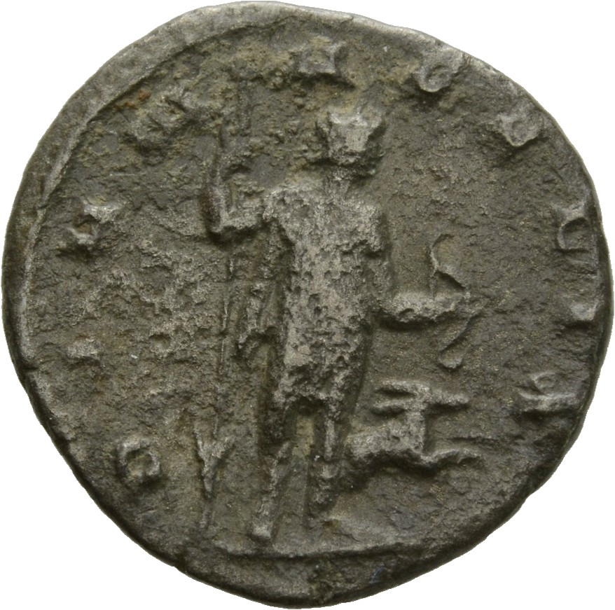 Gallienus reverse — Diana, draped, standing right, holding spear in right hand and bow in left hand; at her feet, hound