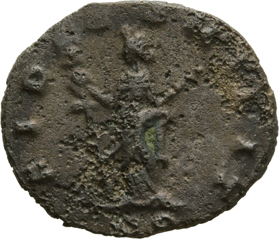 RIC V Gallienus 481: Subtype 1 Gallienus reverse, Fides, draped, standing left, holding ensign in right hand and sceptre i...