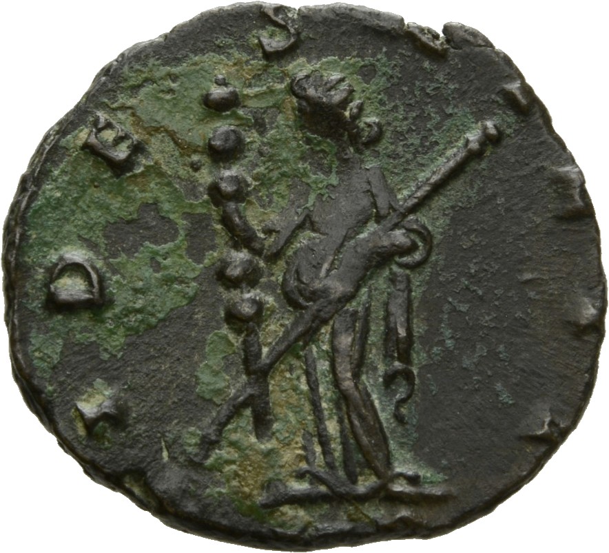 Gallienus reverse — Fides, draped, standing left, holding ensign in right hand and sceptre in left hand