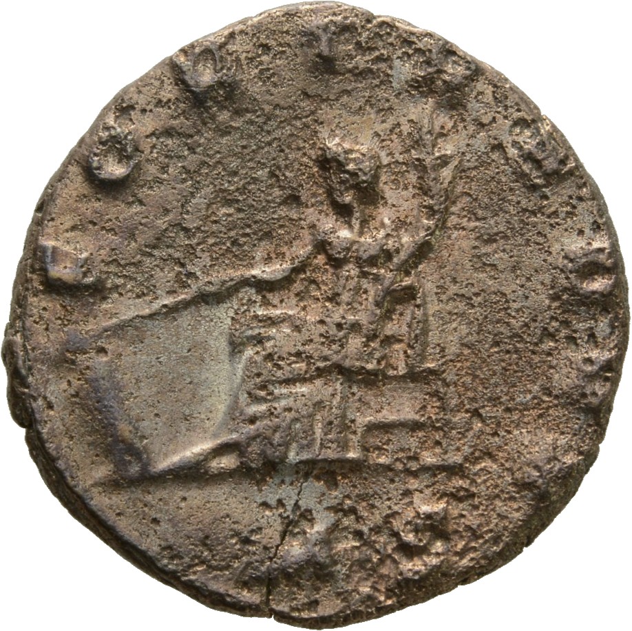 Gallienus reverse — Fortuna, draped, seated left, holding rudder in right hand and cornucopiae in left hand