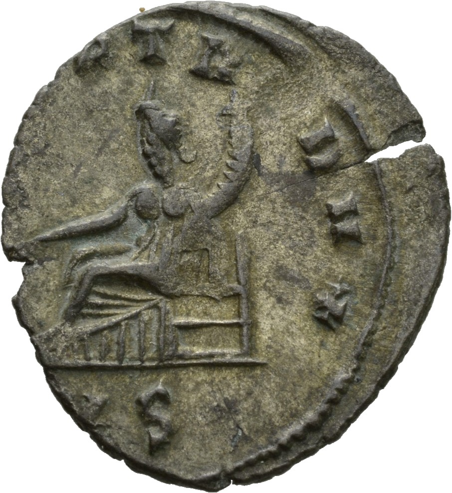Gallienus reverse — Fortuna, draped, seated left, holding rudder in right hand and cornucopiae in left hand