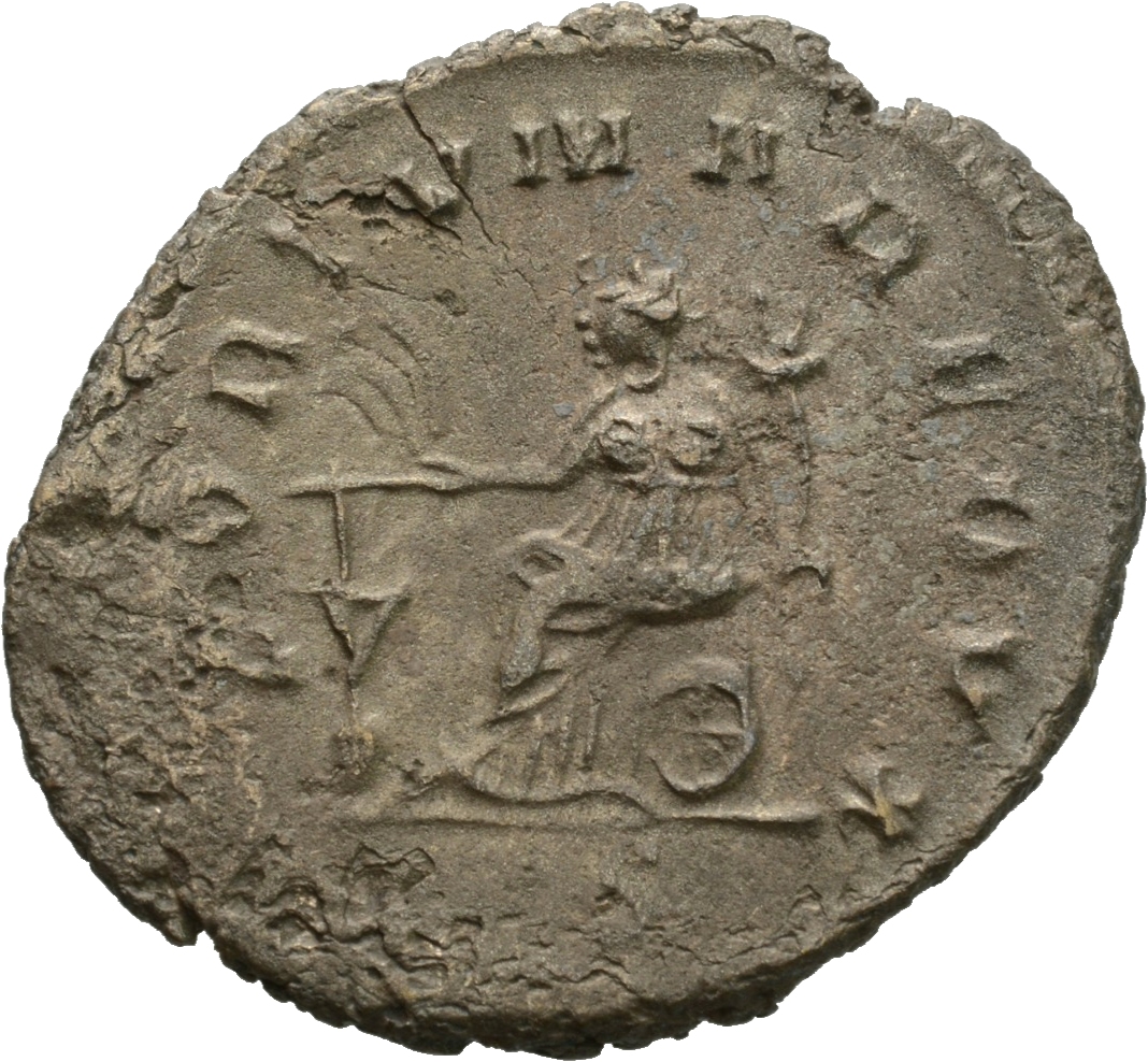 Gallienus reverse — Fortuna, draped, seated left, holding rudder in right hand and cornucopiae in left hand