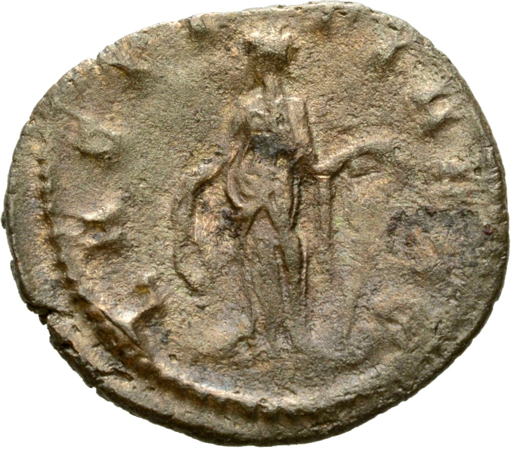 Gallienus reverse — Laetitia, draped, standing left, holding wreath in right hand and anchor in left hand