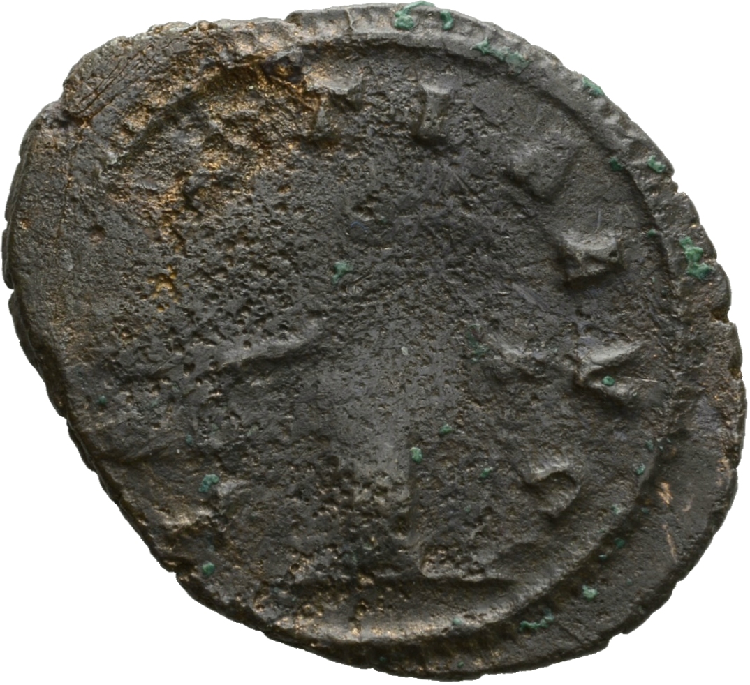 Gallienus reverse — Laetitia, draped, standing left, holding wreath in right hand and anchor in left hand