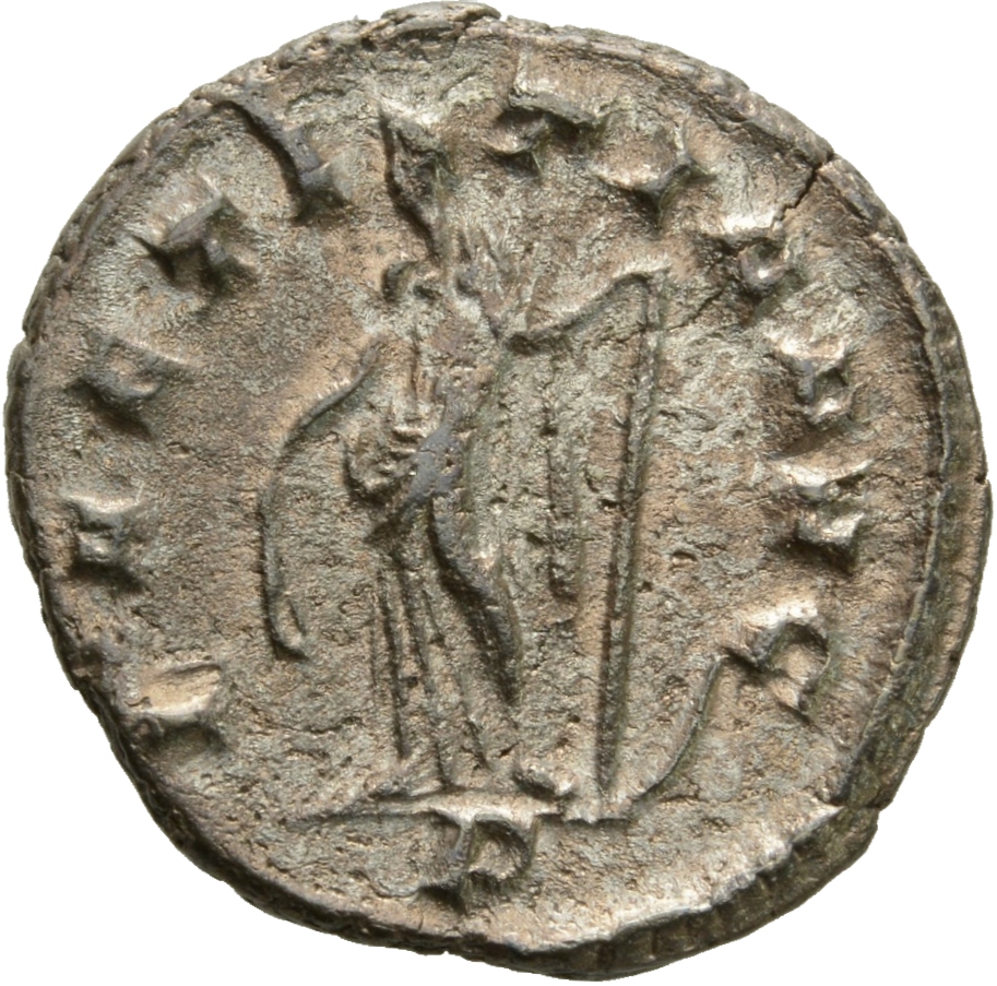 RIC V Gallienus 489k: Subtype 2 Gallienus reverse, Laetitia, draped, standing left, holding wreath in right hand and ancho...