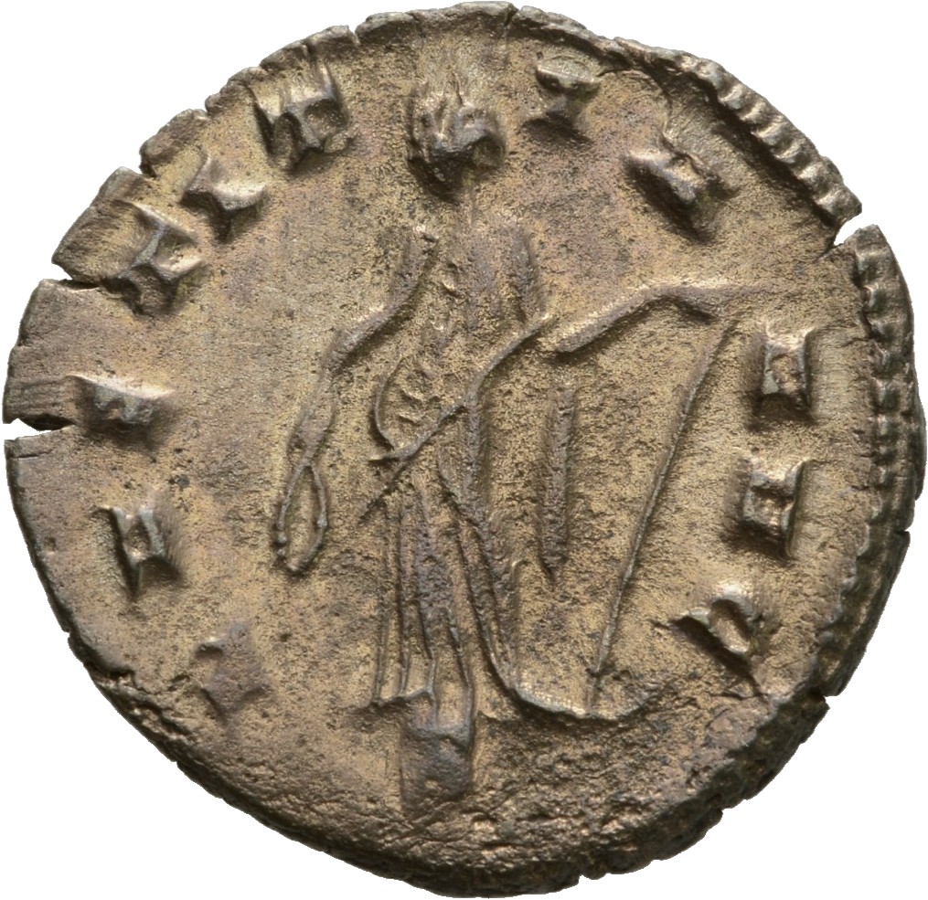 RIC V Gallienus 489k: Subtype 3 Gallienus reverse, Laetitia, draped, standing left, holding wreath in right hand and ancho...