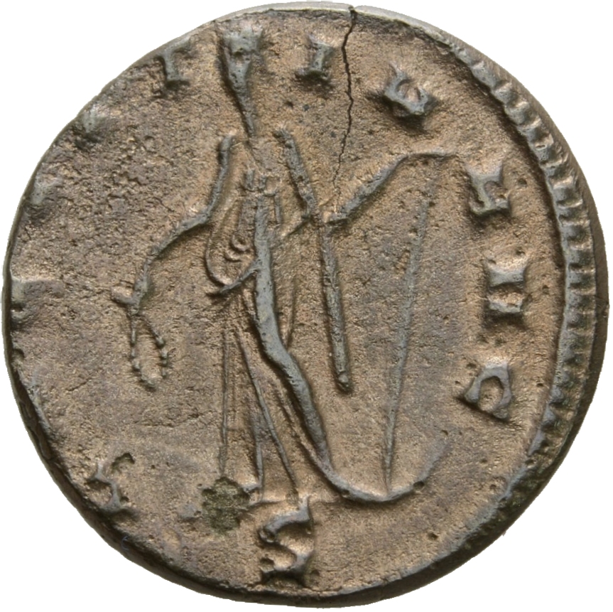 Gallienus reverse — Laetitia, draped, standing left, holding wreath in right hand and anchor in left hand