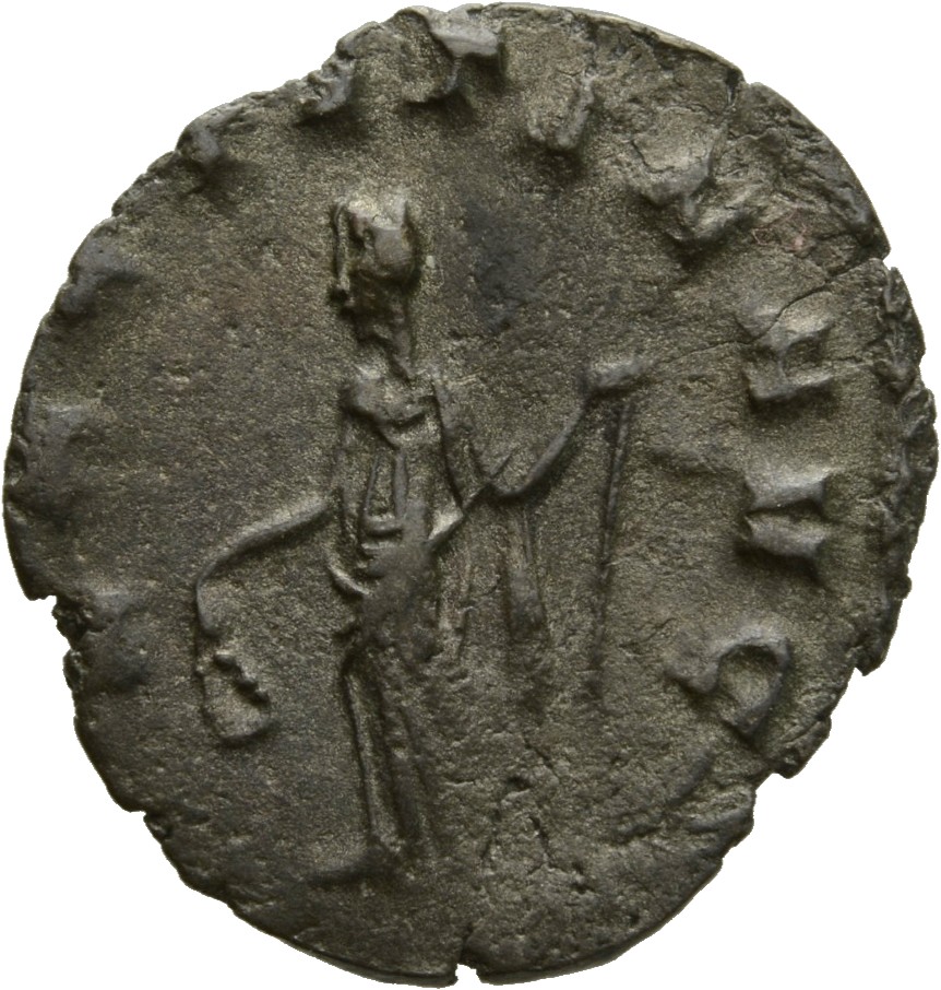 RIC V Gallienus 489k Gallienus reverse, Laetitia, draped, standing left, holding wreath in right hand and anchor in left hand