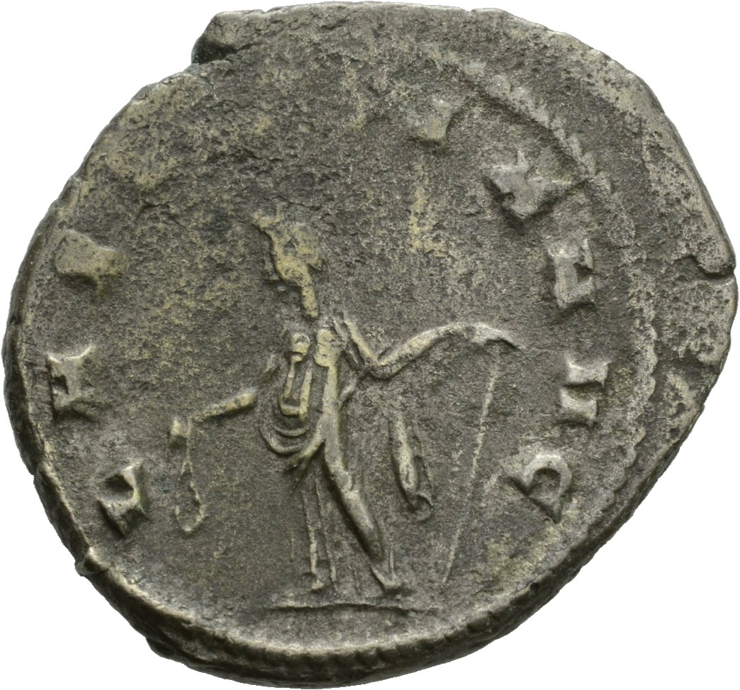 Gallienus reverse — Laetitia, draped, standing left, holding wreath in right hand and anchor in left hand