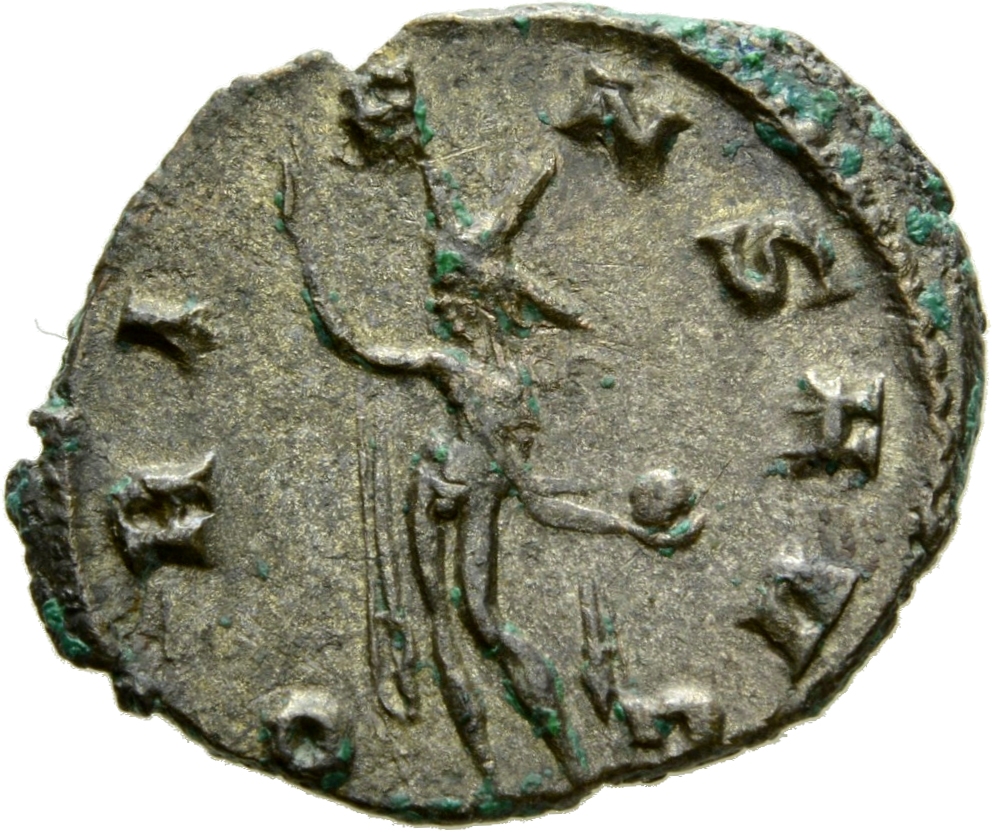RIC V Gallienus 495 Gallienus reverse, Sol, radiate, nude except for cloak on shoulders, standing left, raising right hand...
