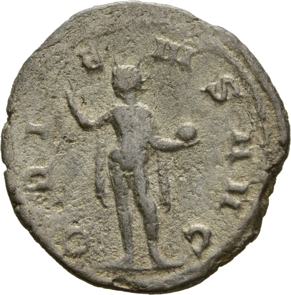 Gallienus reverse — Sol, radiate, nude except for cloak on shoulders, standing left, raising right hand and holding whip in left hand