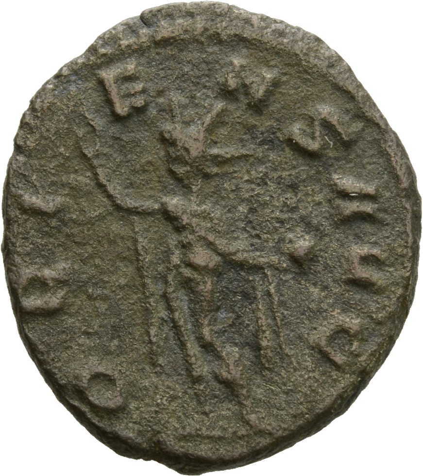 RIC V Gallienus 495k: Subtype 1 Gallienus reverse, Sol, radiate, nude except for cloak on shoulders, standing left, raisin...