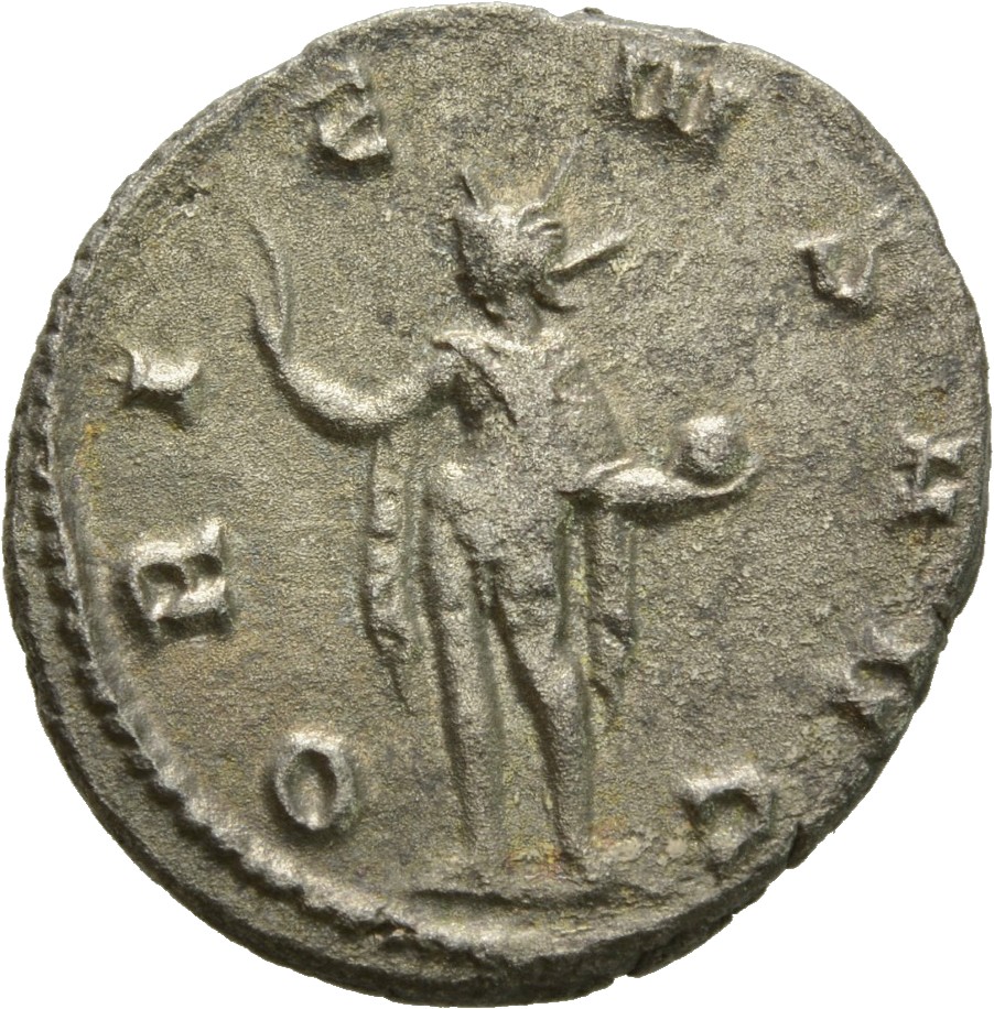 Gallienus reverse — Sol, radiate, nude except for cloak on shoulders, standing left, raising right hand and holding whip in left hand