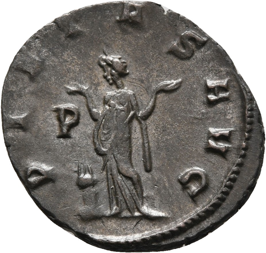 RIC V Gallienus 507: Subtype 1 Gallienus reverse, Pietas, draped, standing left by altar, hands raised and outspread