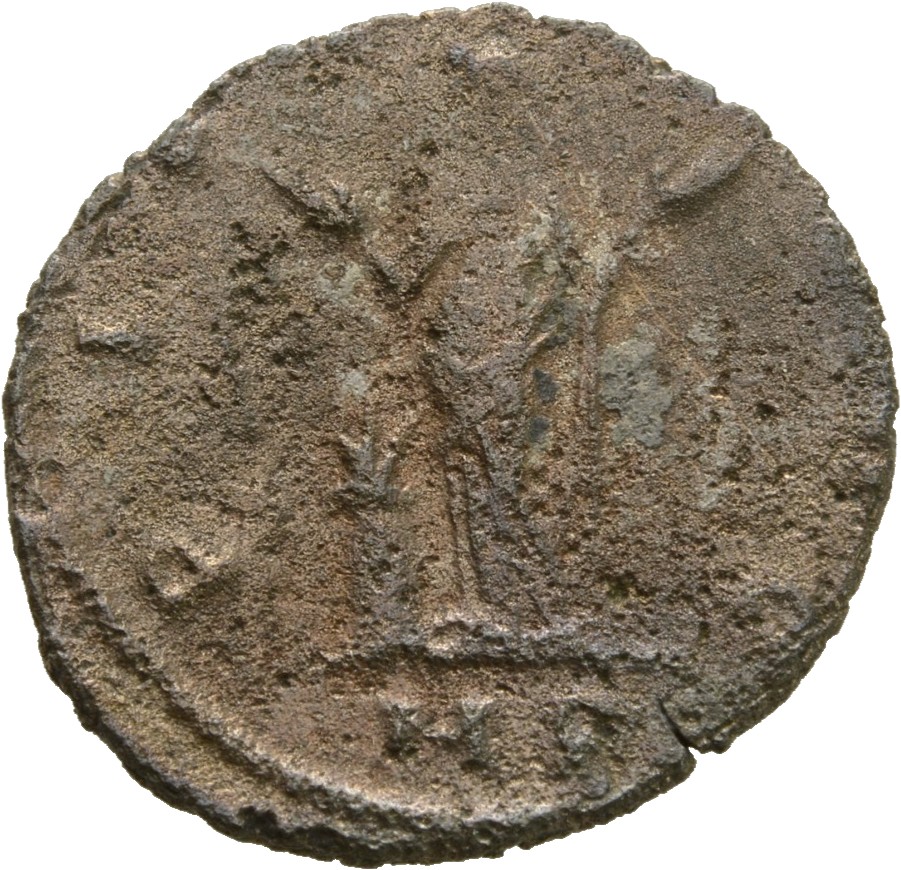 Gallienus reverse — Pietas, draped, standing left by altar, hands raised and outspread