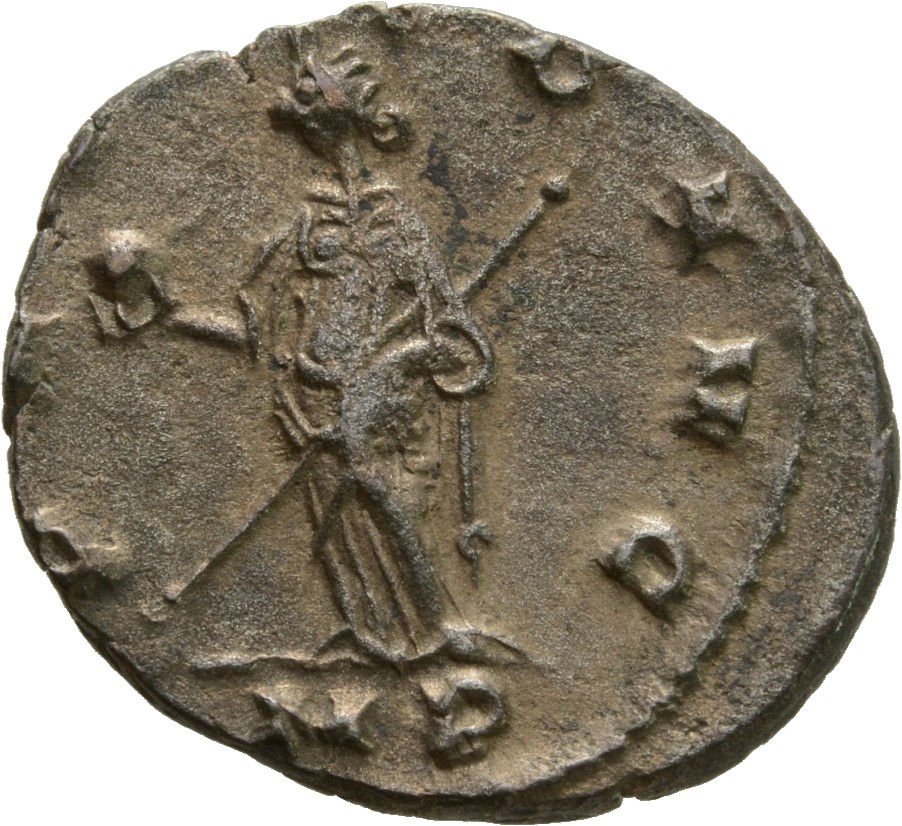 RIC V Gallienus 508A: Subtype 2 Gallienus reverse, Providentia, draped, standing left, holding globe in right hand and sce...