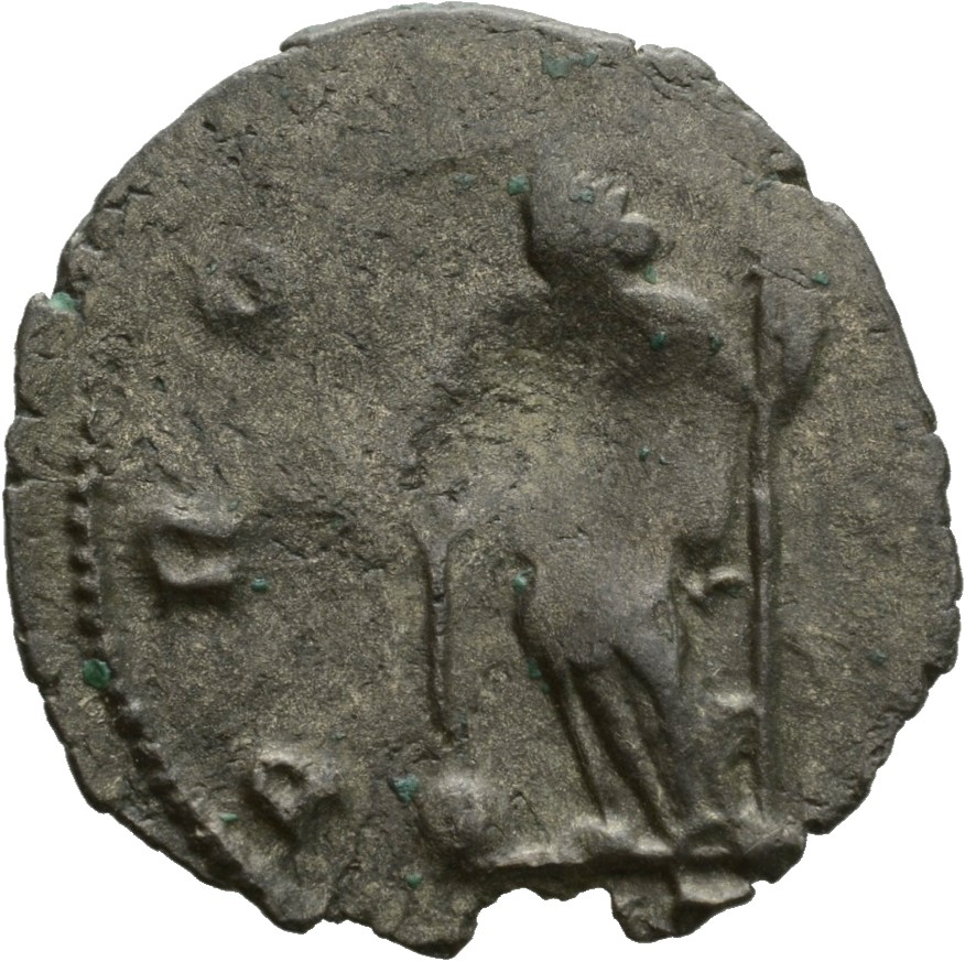 Gallienus reverse — Providentia, draped, standing left, holding baton in right hand and sceptre in left hand; at her feet, globe