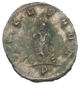Gallienus reverse — Asclepius, bare to waist, standing left, resting right hand on hip and holding serpent-entwined staff in left hand