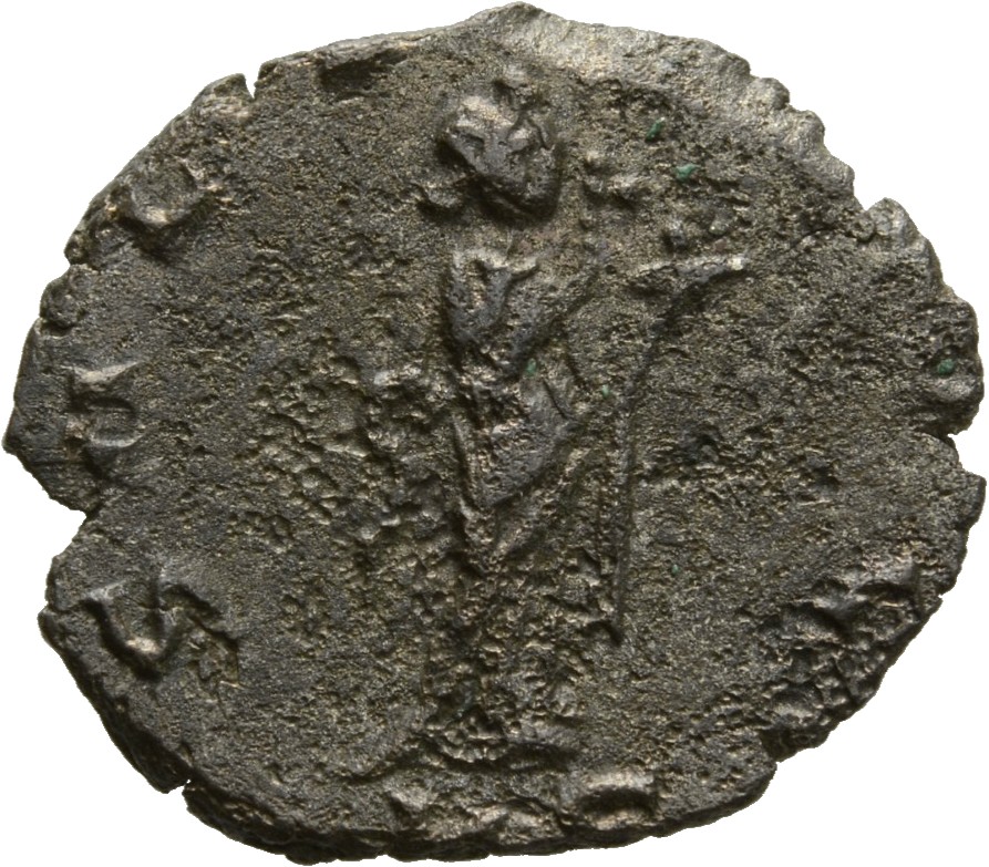 Gallienus reverse — Salus, draped, standing right, feeding serpent held in arms