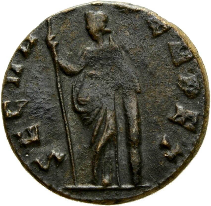 Gallienus reverse — Securitas, draped, standing left, legs crossed, leaning on column, sometimes holding sceptre in right hand
