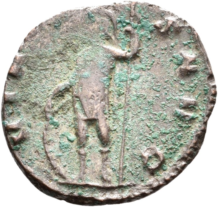 RIC V Gallienus 534 Gallienus reverse, Soldier, helmeted, in military attire, standing left, resting right hand on shield ...