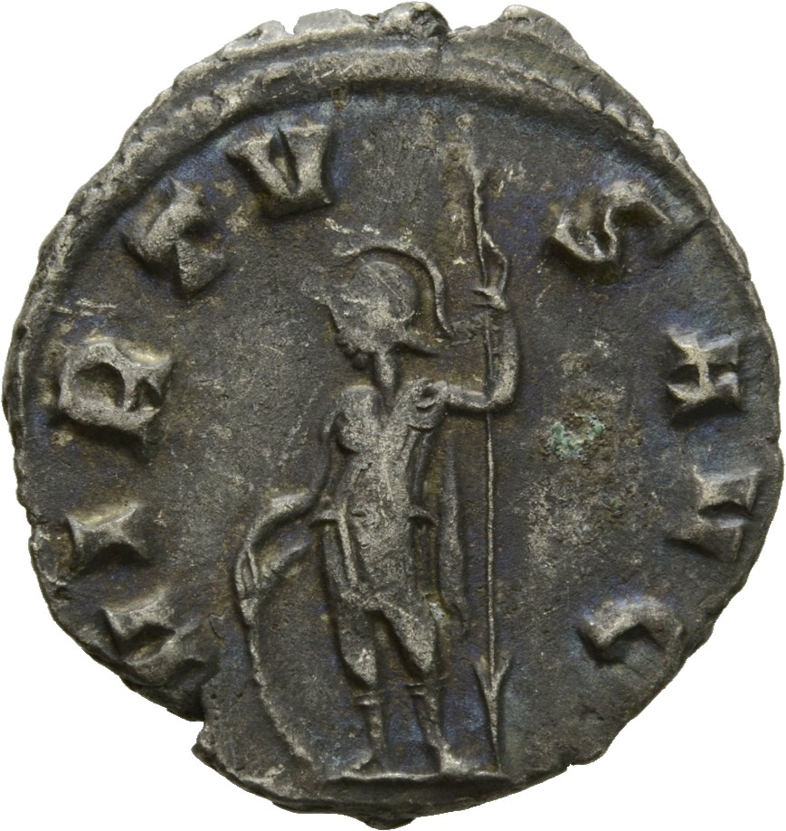 RIC V Gallienus 534k: Subtype 1 Gallienus reverse, Soldier, helmeted, in military attire, standing left, resting right han...