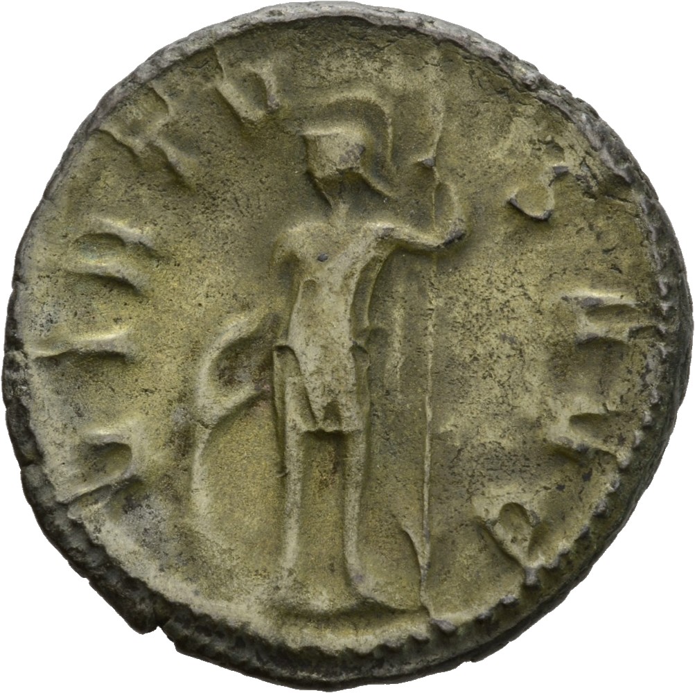 Gallienus reverse — Soldier, helmeted, in military attire, standing left, resting right hand on shield and holding spear in left hand