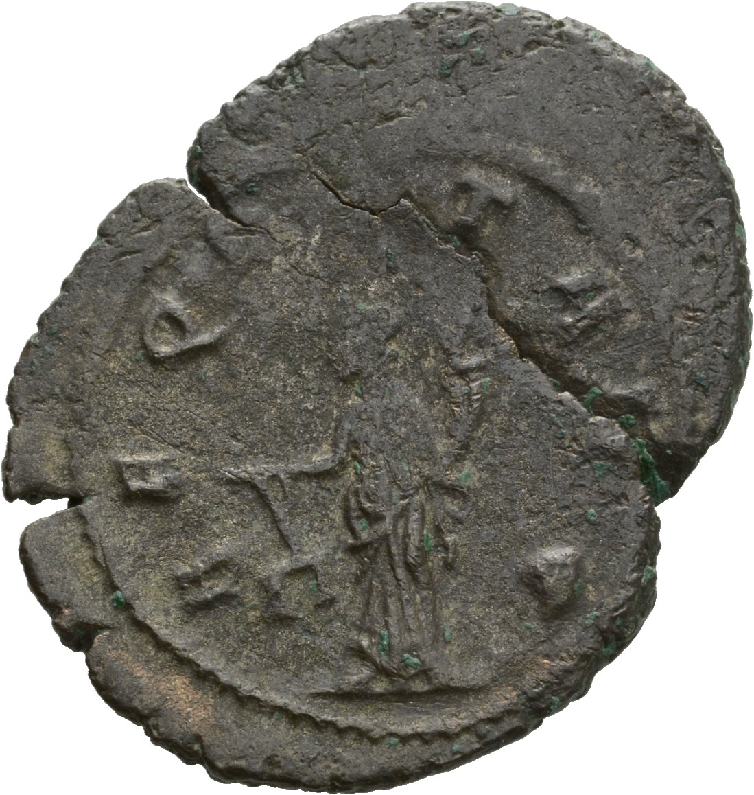 Gallienus reverse — Aequitas, draped, standing left, holding scales in right hand and cornucopiae in left hand