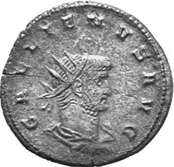 Gallienus obverse — Drapierte Panzerbüste des Gallienus mit Strahlenkrone in der Rückenansicht nach r.