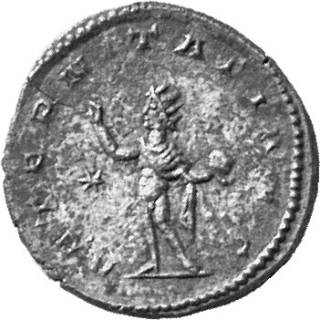 Gallienus reverse — Sol, radiate, standing right, raising right hand and holding globe in left hand