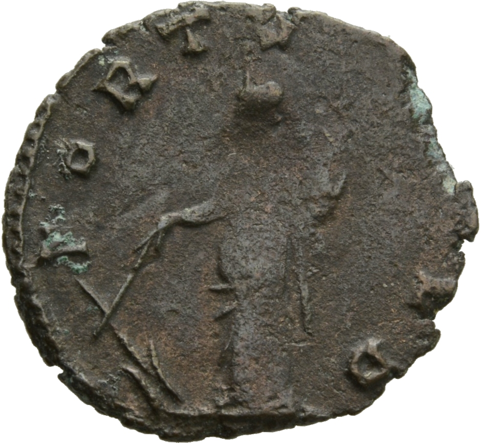 RIC V Gallienus 572kA: Subtype 1 Gallienus reverse, Fortuna, draped, standing left, holding wreath or rudder in right hand...