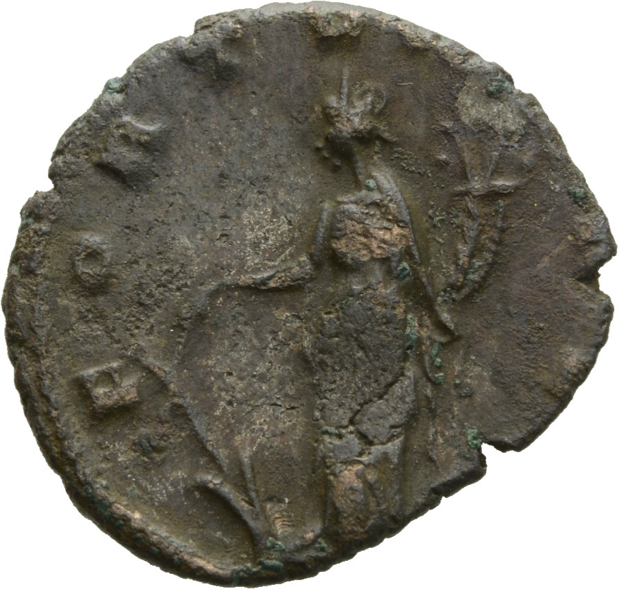 Gallienus reverse — Fortuna, draped, standing left, holding wreath or rudder in right hand and cornucopiae in left hand
