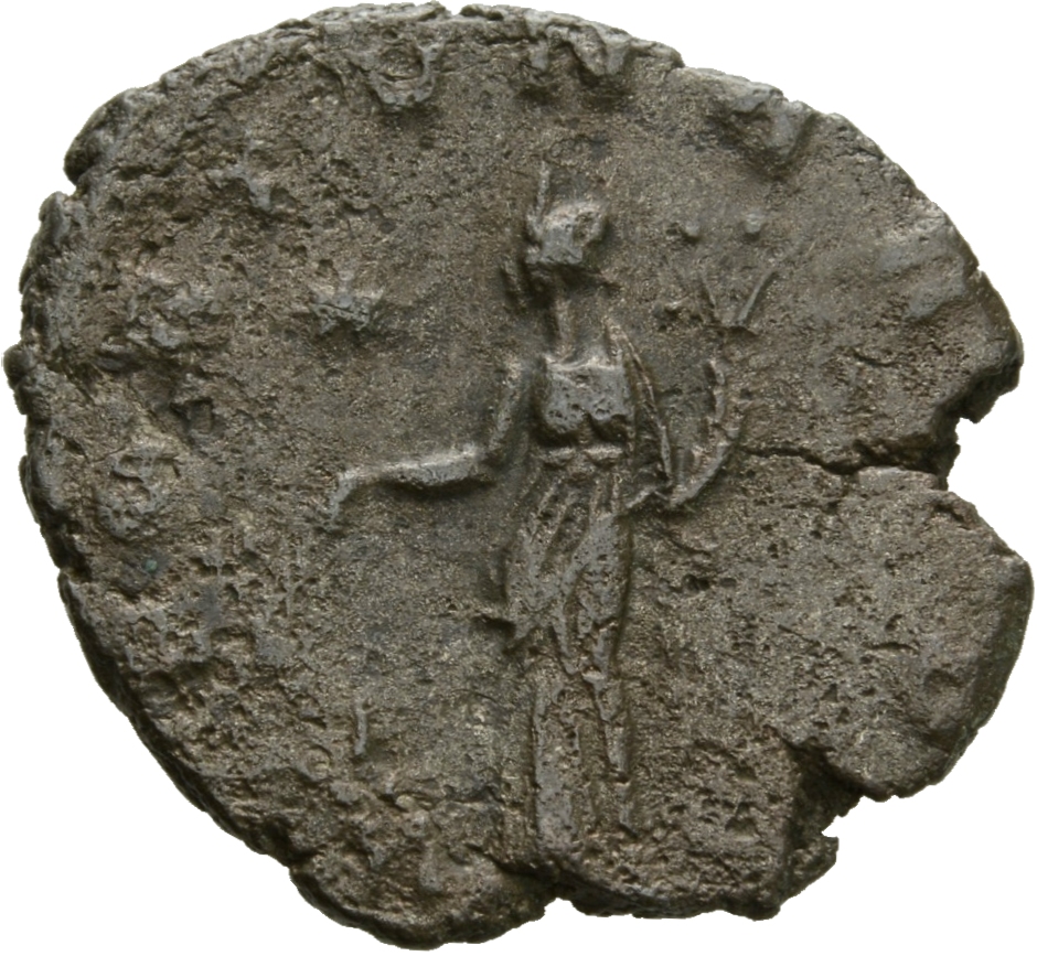Gallienus reverse — Fortuna, draped, standing left, holding wreath or rudder in right hand and cornucopiae in left hand