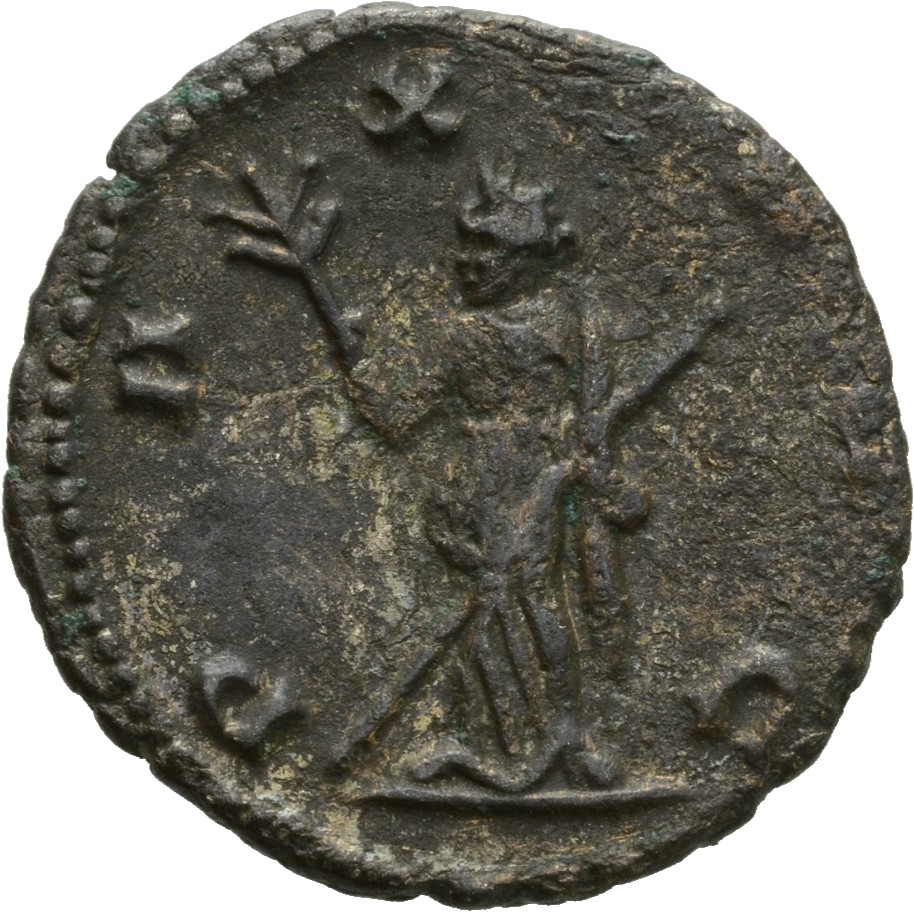 Gallienus reverse — Pax, draped, standing left, holding olive-branch in right hand and sceptre in left hand