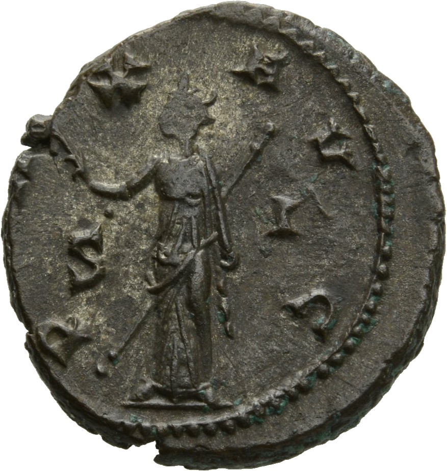 Gallienus reverse — Pax, draped, standing left, holding olive-branch in right hand and sceptre in left hand
