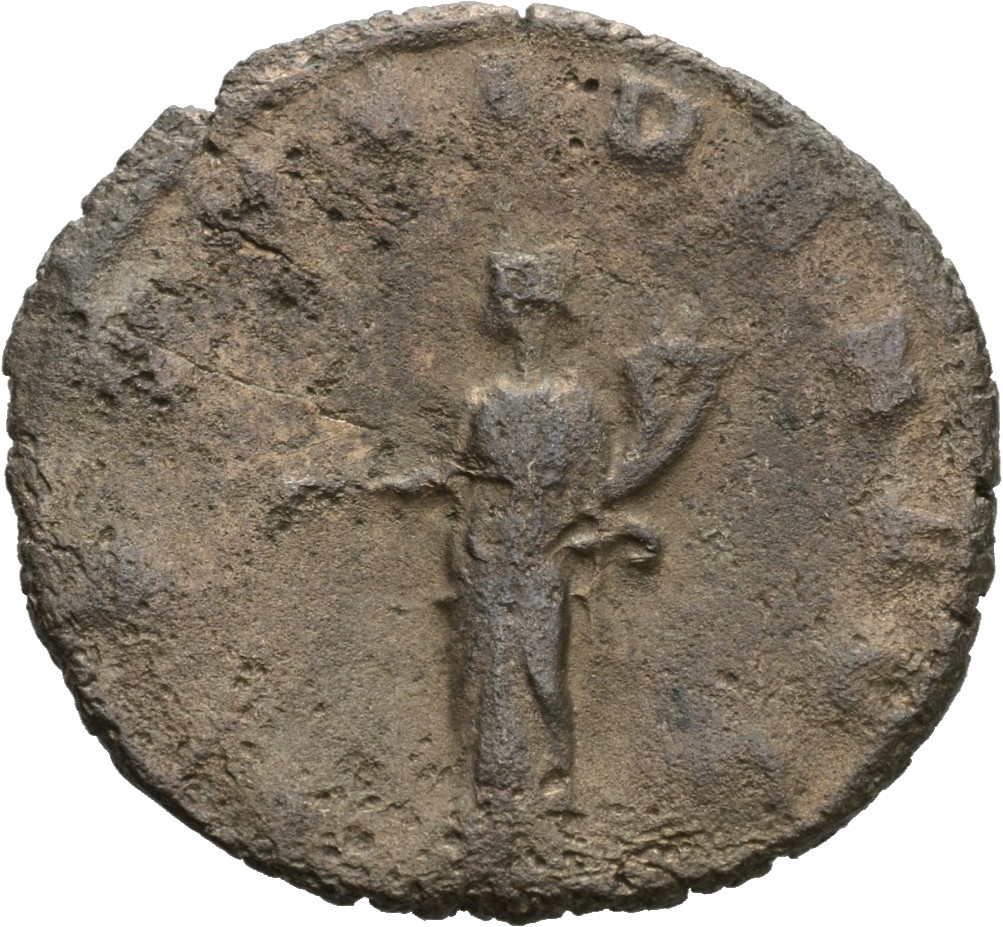 Gallienus reverse — Providentia, draped, standing left, holding baton in right hand and cornucopiae in left hand; at his feet, globe
