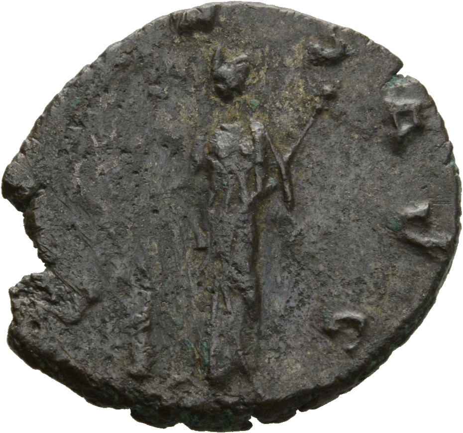 Gallienus reverse — Salus, draped, standing left, feeding out of patera in right hand serpent rising from altar and holding sceptre in left hand