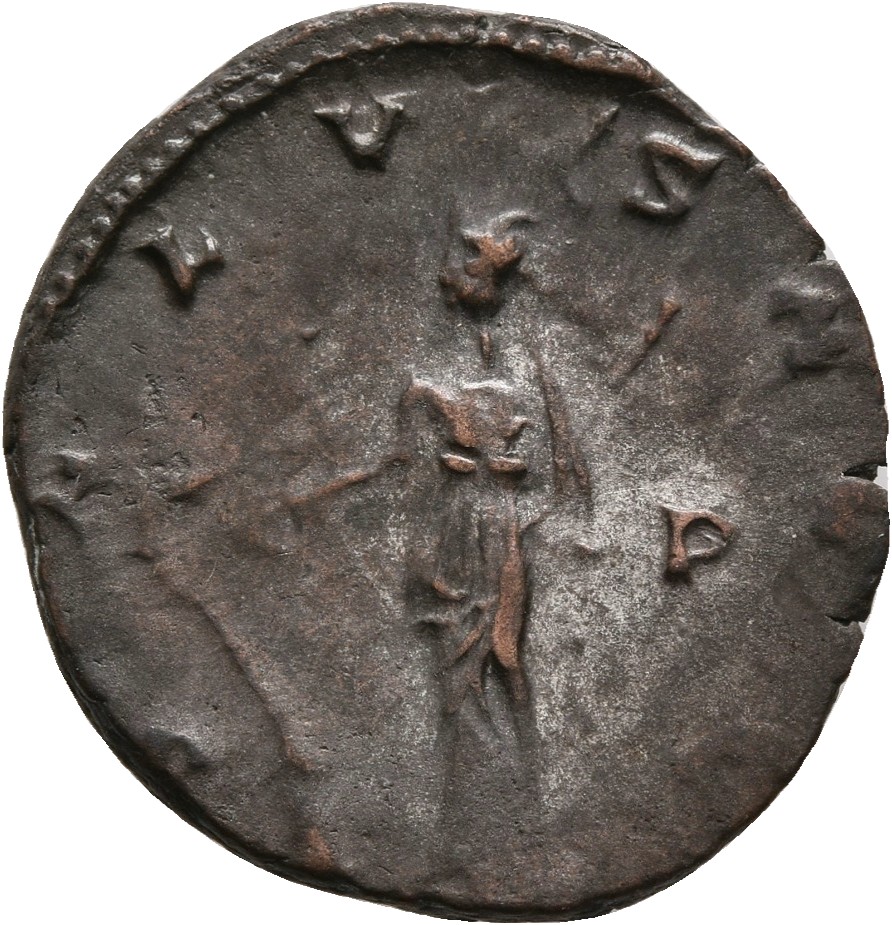 RIC V Gallienus 581k: Subtype 3 Gallienus reverse, Salus, draped, standing left, feeding out of patera in right hand serpe...